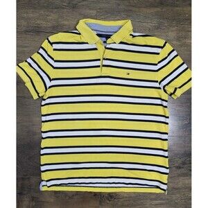 Tommy Hilfiger Polo Shirt Mens X-Large Yellow Blue Striped Short Sleeve Custom